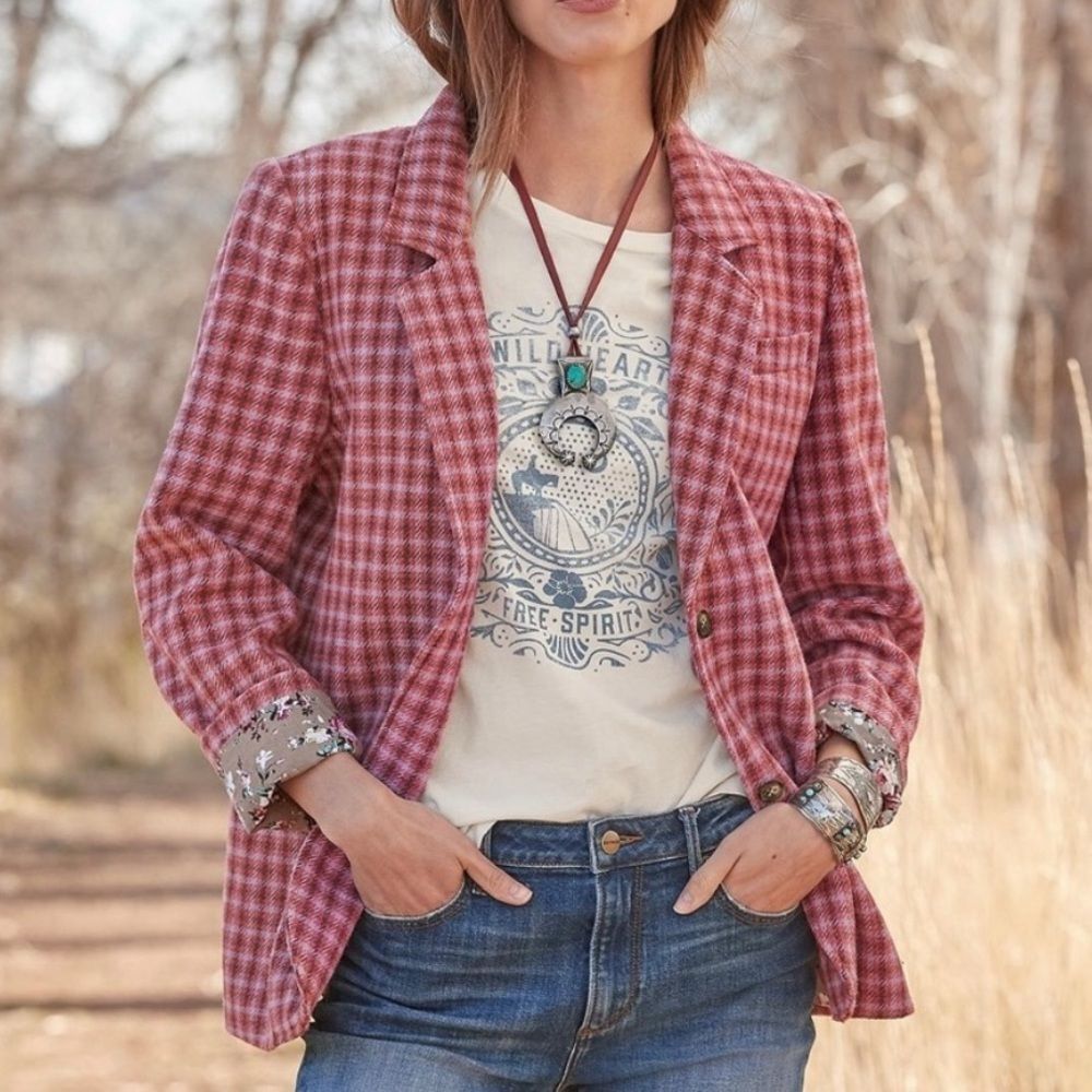 Womens Plaid Blazer Jacket in Dusty Rose